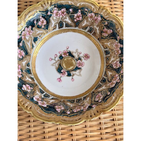 Vintage 40's Nippon Porcelain Bowl Gold Beading Pink Flowers 10" - Picture 10 of 16